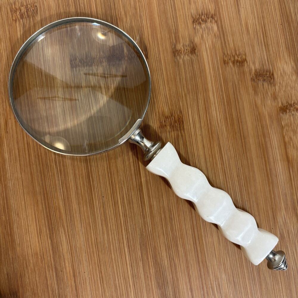 1990s Magnifying Glass With White Marble Handle Silver Tone Retro Vintage